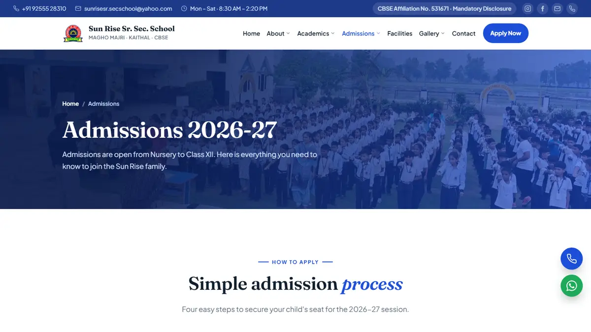 Admissions 2026-27 page of the Sun Rise School Kaithal website with the four-step admission process
