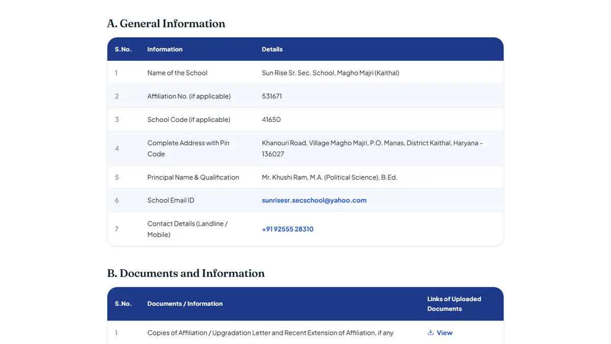 CBSE mandatory public disclosure page (Appendix-IX) on the Sun Rise School Kaithal website