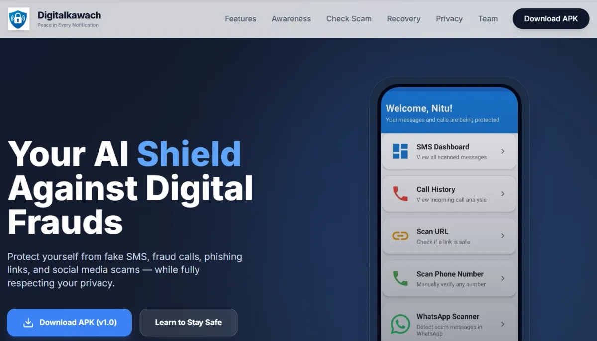 Digital Kawach website home page: 'Your AI Shield Against Digital Frauds' with the Android app screen showing SMS dashboard, call history, URL, phone number and WhatsApp scanners