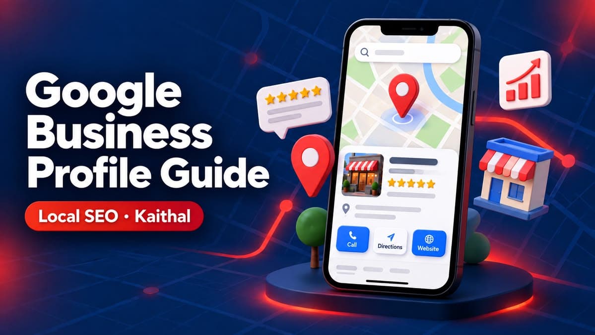 Google Business Profile optimization guide for Kaithal businesses: smartphone showing a local listing on a map with red location pin, five-star reviews and Call, Directions and Website buttons