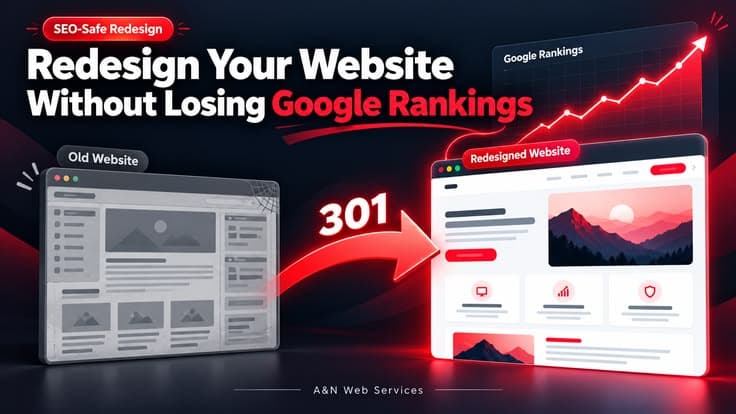 Old website redirected to a redesigned website with a 301 arrow and a rising Google rankings graph