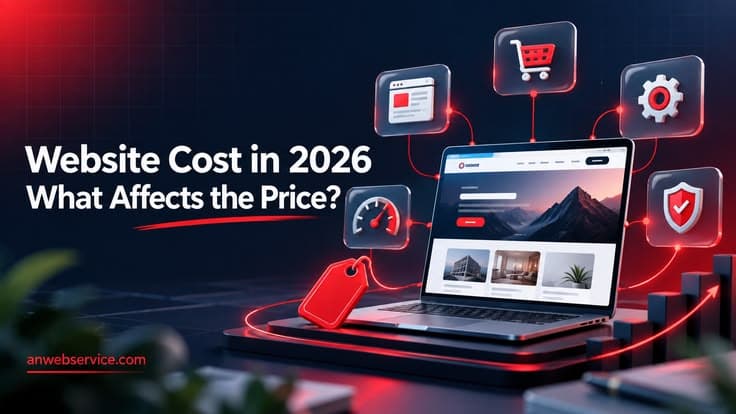 Website cost in India 2026: laptop with icons for pages, e-commerce, custom features, speed and security that affect website price